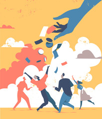 La mano che fa cadere i soldi sopra la gente