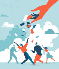 La mano che fa cadere i soldi sopra la gente