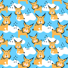  Modern simple illustration for paper clothes on blue seamless pattern. vector wild  animal cute lynx.forest cat cartoon character.
