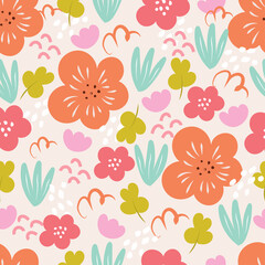 Modern botanical seamless pattern with leaves and flowers. Floral background