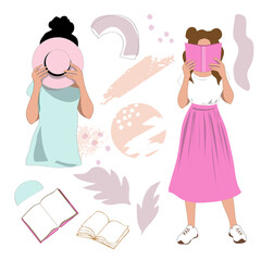 Collection Vector illustration with a beautiful girl reading a book and a girl with a hat on a white background. Fashion trend without a face. Stickers for girls