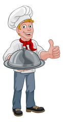 A chef cook man cartoon character giving a thumbs up hand sign and holding a domed cloche food tray