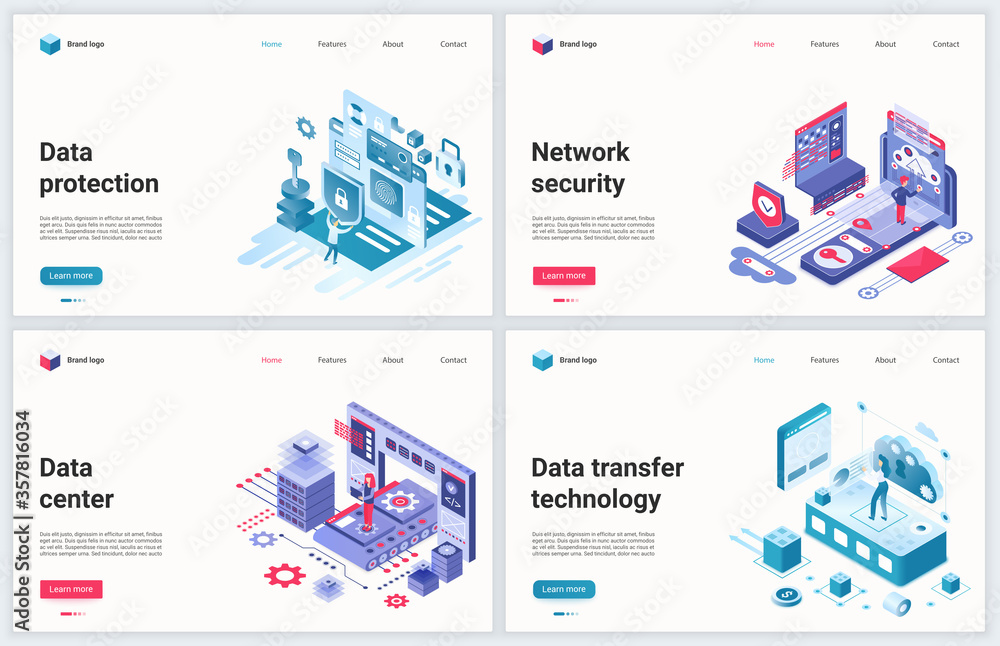 Aufkleber Isometric data protection technology vector illustration. Creative concept banner set, website design with cartoon 3d protecting datacenter software, tech service for internet cyber safety database