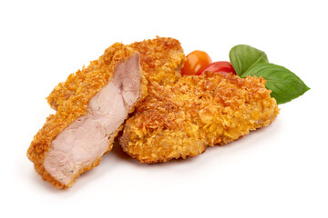 Breaded chicken fillet, isolated on white background
