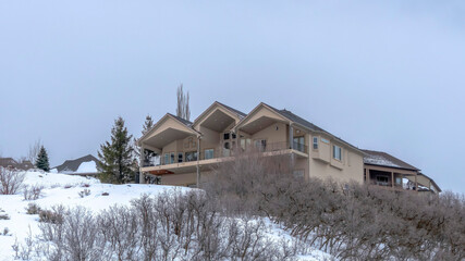 Panorama Houses and leafless bushes atop a hill blanketed with fresh snow in winter
