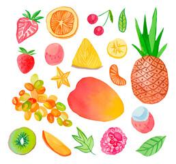 Watercolor set of juicy fruits.Cherry,papaya,pineapple, kiwi,grapes,lichi,pear,melon,orange,raspberry,strawberries,mango.Clip art food illustration on a white isolated background.Design for menu,card.