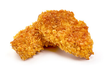 Crispy chicken fillet in breadcrumbs, isolated on white background