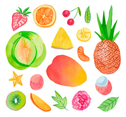 Watercolor big set of juicy fruits.Cherry,papaya, pineapple,kiwi,grapes,pear,melon orange,raspberry, strawberries,mango.Clip art food illustration on a white isolated background.Design for packaging.
