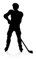 A detailed silhouette ice hockey player sports illustration