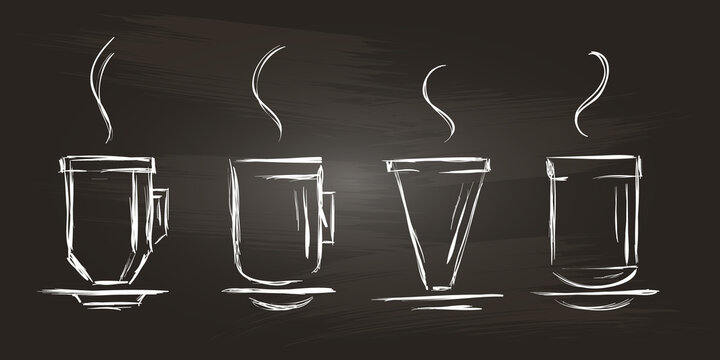 Set of geometric coffee cups on a chalkboard. Hand-drawing icons in a sketch style. Isolated
