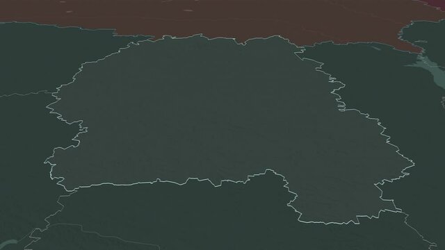 Zhytomyr, region with its capital, zoomed and extruded on the administrative map of Ukraine in the conformal Stereographic projection. Animation 3D