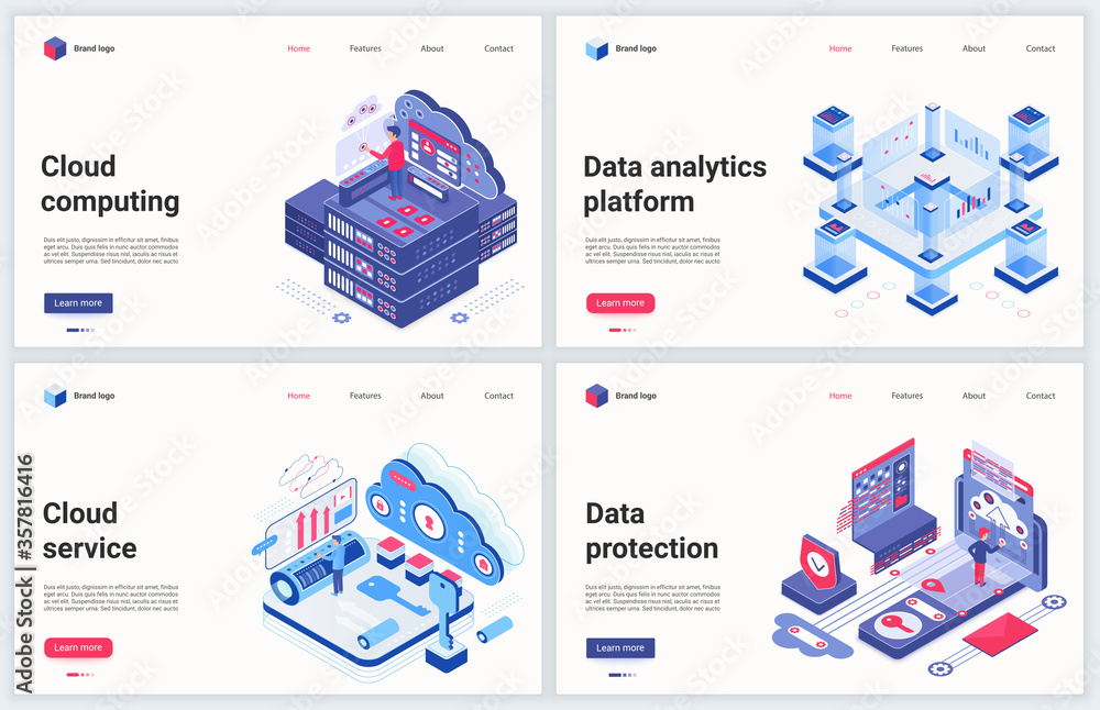 Poster isometric cloud data service vector illustration. creative concept banner set, interface website des