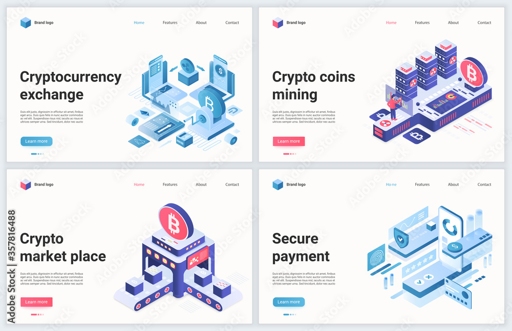 Poster isometric cryptocurrency blockchain technology vector illustration. creative concept banner set, web