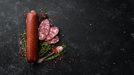 Salami with lard. Moscow traditional sausage. Top view. Free space for text.