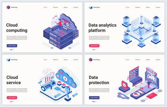 Isometric cloud data service vector illustration. Creative concept banner set, interface website design with cartoon 3d modern cloud datacenter platform storage, futuristic digital network technology