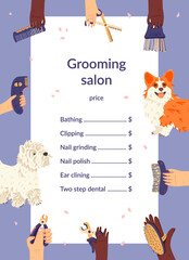 Grooming salon price list template flat vector illustration. West Highland White Terrier or Westie and Pembroke Welsh Corgi with groomers hands around. Pet care tools.
