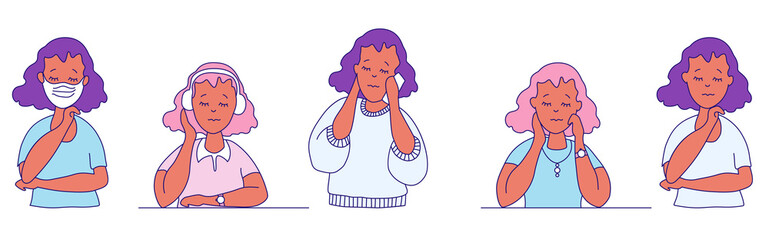 Set of cute vector girl with closed eyes in different clothes with dark skin, different poses and gestures and gadgets. She is wearing a medical mask to protect against the virus and with the phone. 