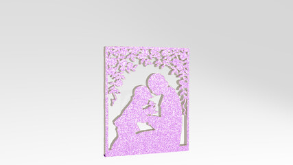  made by 3D illustration of a shiny metallic sculpture on a wall with light background