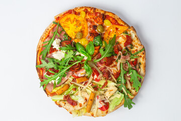 Piece of pizza with arugula, olives, cheese, tomatoes and meat 