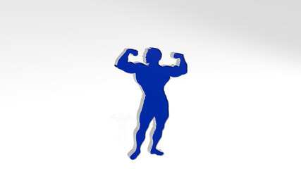  from a perspective on the wall. A thick sculpture made of metallic materials of 3D rendering