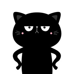 Cat kitten kitty standing. Cute kawaii cartoon sad funny character. Black silhouette icon. Happy Valentines Day. Baby greeting card tshirt notebook cover print. White background. Flat design.