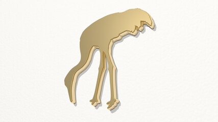 STORK from a perspective on the wall. A thick sculpture made of metallic materials of 3D rendering