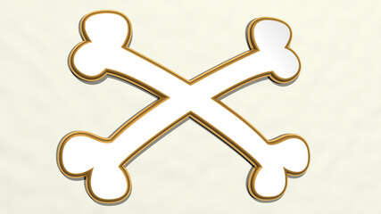 bones from a perspective on the wall. A thick sculpture made of metallic materials of 3D rendering