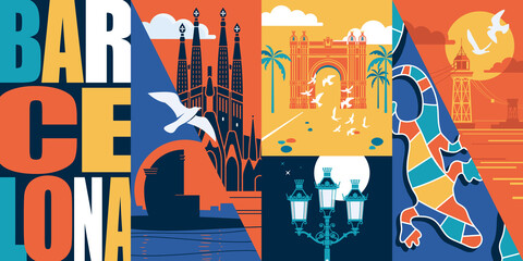 Spain, Catalonia vector skyline illustration, postcard. Travel to Barcelona modern flat graphic design element - obrazy, fototapety, plakaty