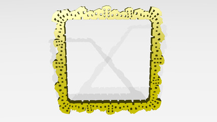 CITY HOUSES AROUND A FRAME made by 3D illustration of a shiny metallic sculpture on a wall with light background