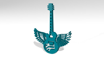 ELECTRIC GUITAR WITH WINGS on the wall. 3D illustration of metallic sculpture over a white background with mild texture