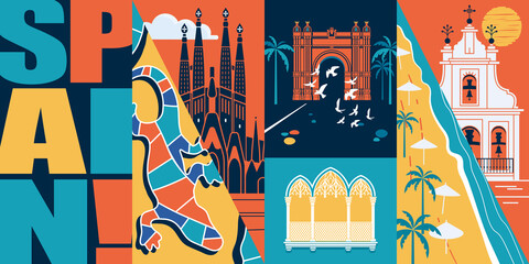Spain vector banner, illustration. City skyline, historical buildings in modern flat design style - obrazy, fototapety, plakaty
