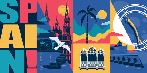 Spain vector skyline illustration, postcard. Travel to Spain modern flat graphic design element - obrazy, fototapety, plakaty