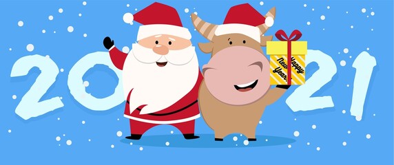 Fototapeta na wymiar Santa Claus and a bull with gifts. Holding a gift box in his paw. happy new year 2021 bull. Vector of cute ox santa. Merry Christmas illustration.