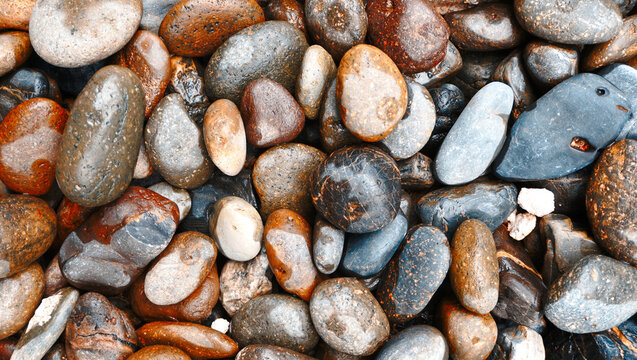 Topview wet pebble stones on the ground.