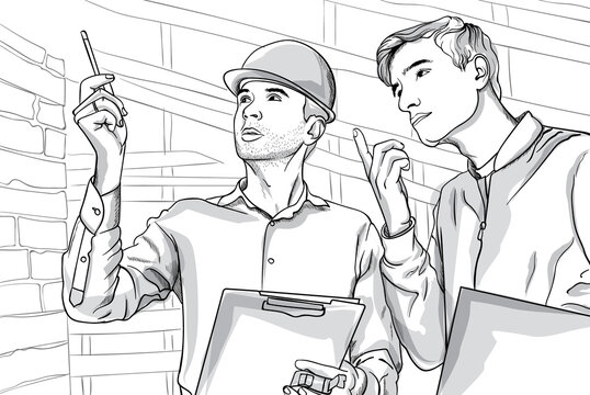 Two serious man on construction site talking. Thoughtful people. Line art