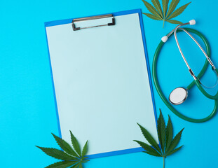 medical stethoscope and green hemp leaf on a blue background