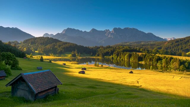 Lake Geroldsee Wagenbr&uuml;chsee, with Karwendel Mountains, Bavaria, Germany