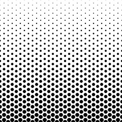 Monochrome Halftone Background. Transitions from large to small black dots isolated on white background. Vector retro illustration in pop art style. Comic polka dots texture. Gradient Grunge Backdrop