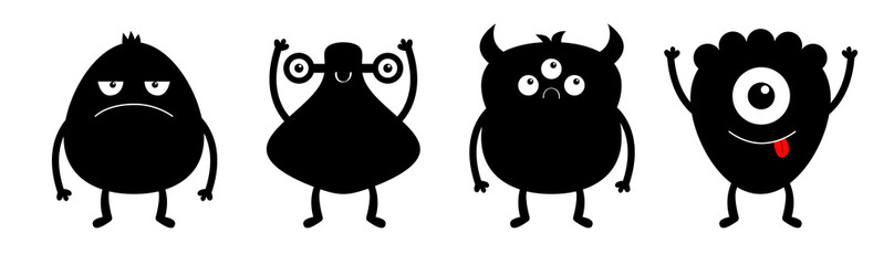Happy Halloween. Monster black silhouette set line. Eyes, horns, hands up, tongue. Cute cartoon kawaii sad character icon. Funny baby collection. Isolated. White background. Flat design.
