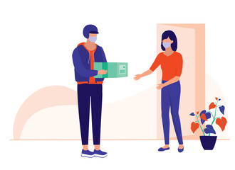 Woman Receiving A Package From A Delivery Man. Social Distancing And COVID-19 Coronavirus Outbreak Prevention Concept. Vector Flat Cartoon Illustration. 