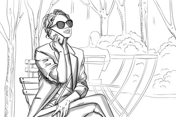 Joyful woman in sunglasses and suit talking on the phone in park. Line art
