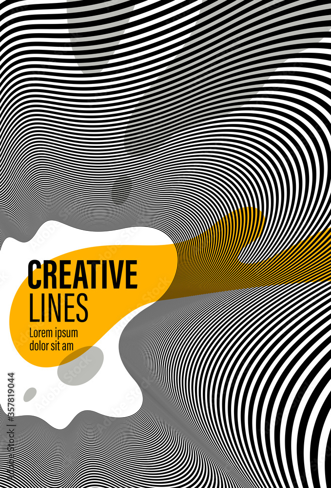 Poster abstract vector 3d lines with yellow fluid splat background, black and white curves linear perspecti