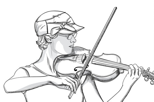 Young woman with glasses and hat playing o violin. Line art