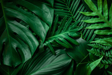 Obraz na płótnie Canvas closeup nature view of tropical green monstera leaf and palms background. Flat lay, fresh wallpaper banner concept
