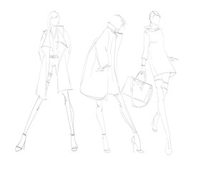 Beautiful young women in modern style.. Hand drawn stylish woman portrait. Fashion lady. Festive outfit. Sketch. Fashion model posing in dress. Hand drawn fashion woman.