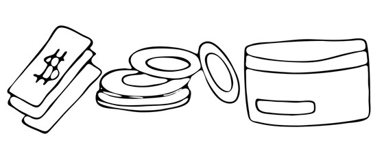 money - banknotes, coins, bank credit card, payment methods, vector doodle style element, black outline