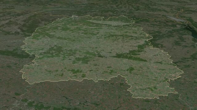 Zhytomyr, region with its capital, zoomed and extruded on the satellite map of Ukraine in the conformal Stereographic projection. Animation 3D