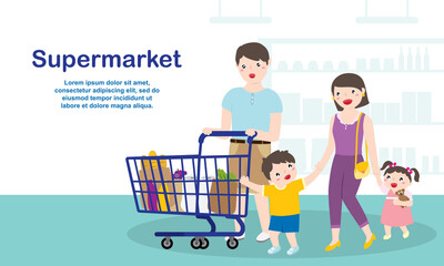 Happy Cute Family Shopping For Groceries At The Supermarket.