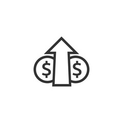 dollar rate increase icon. Money symbol with stretching arrow up. rising prices. Business cost sale icon. cash salary increase. investment growth. vector illustration
