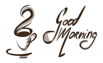 Stylized coffee cup. Hand-drawn. Good Morning. Isolated.